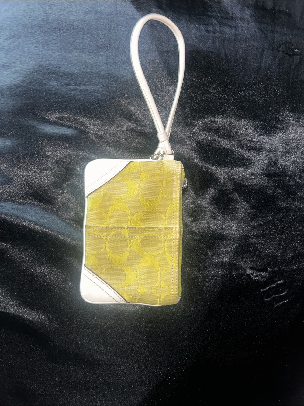 Coach Yellow-Green Signature Wristlet Phone Case with White Trim